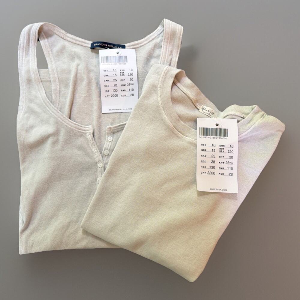 NWT Brandy Melville Button Tank John Galt Beige Cream Cotton T-Shirt Lot of 2